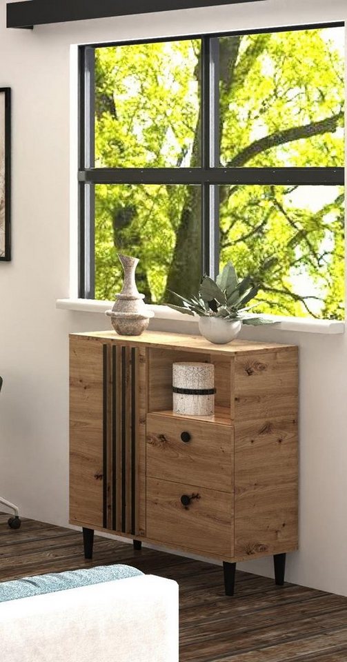 Beautysofa Kommode L1, mit zwei Schubladen, eintürig Sideboard mit Holzbeine, in loft Stil von Beautysofa