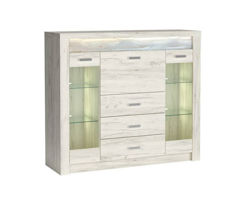 Beautysofa Kommode POLIS I-8 mit Glasfronten, LED-Beleuchtung – Wohnzimmer-Vitrine mit Barfach und Schubladen von Beautysofa