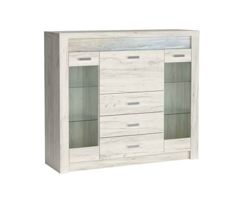 Beautysofa Kommode POLIS I-8 mit Glasfronten, LED-Beleuchtung – Wohnzimmer-Vitrine mit Barfach und Schubladen von Beautysofa