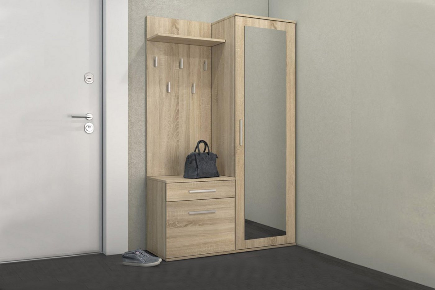 Beautysofa Kompaktgarderobe Fiora (Garderobenschrank + Paneel + Schuhschrank, 3-St., Garderoben-Set, 5 Kleiderhaken) inkl. Spiegel, Breite:100 von Beautysofa