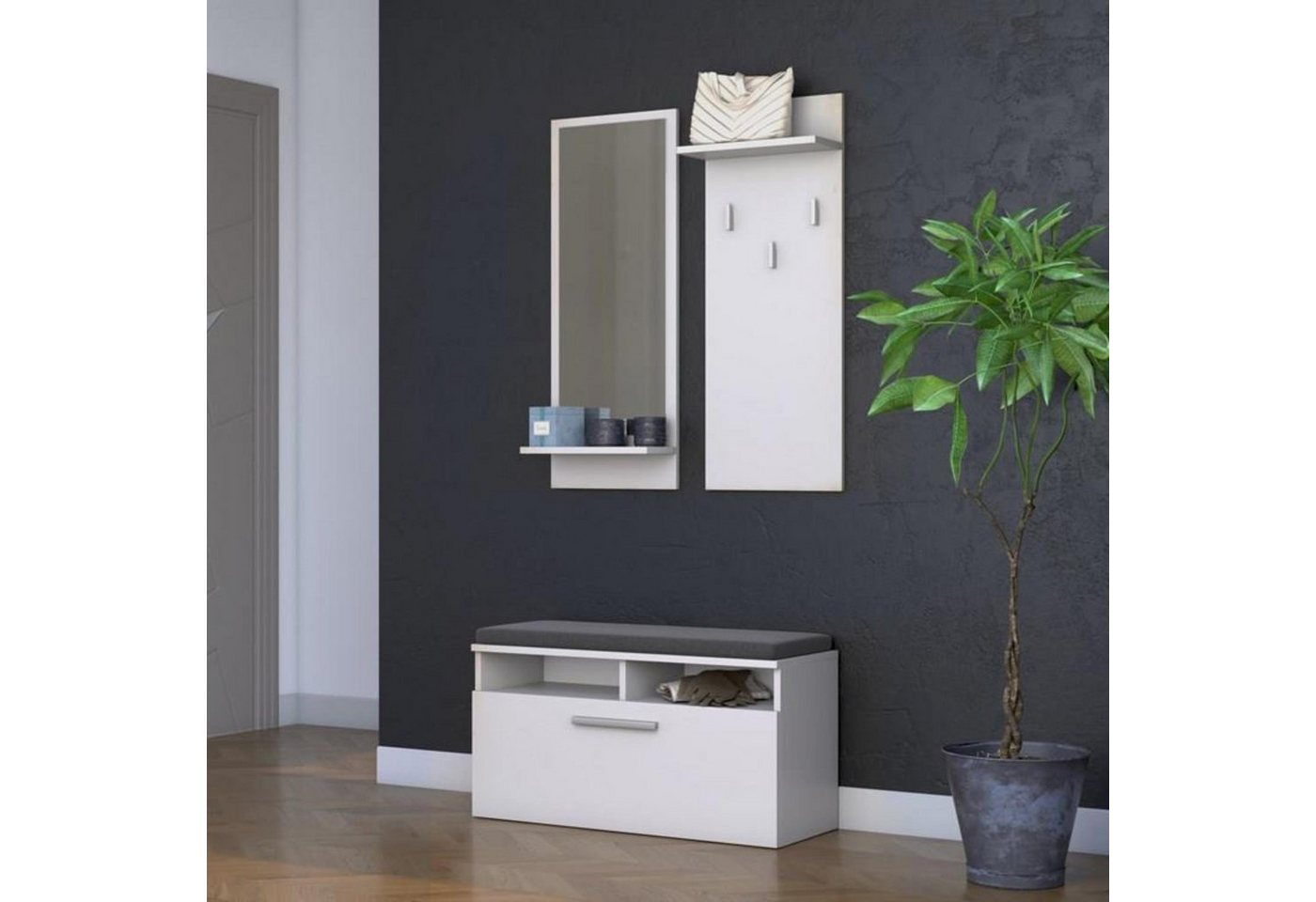 Beautysofa Kompaktgarderobe Harmony (stilvoll Dielegarderobe, Flurkommode mit Klaptür) Schuhschrank mit Sitz, 6 Fächer, 3 Kleiderhaken, mit Spiegel von Beautysofa