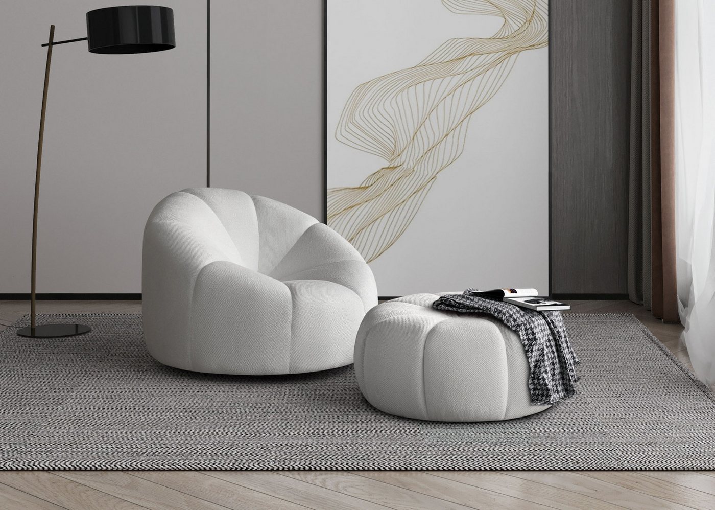 Beautysofa Loungeset Moderner stilvoller Drehstuhl + Schemel Loft, (Stoff:Bubble), B:100/H:70/T:70cm von Beautysofa