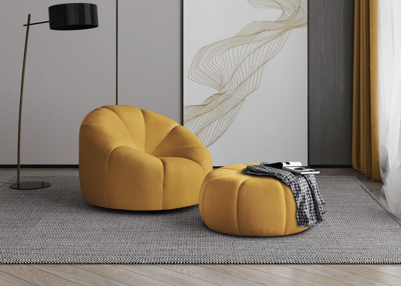 Beautysofa Loungeset Moderner stilvoller Drehstuhl + Schemel Loft, (Stoff:Bubble), B:100/H:70/T:70cm von Beautysofa