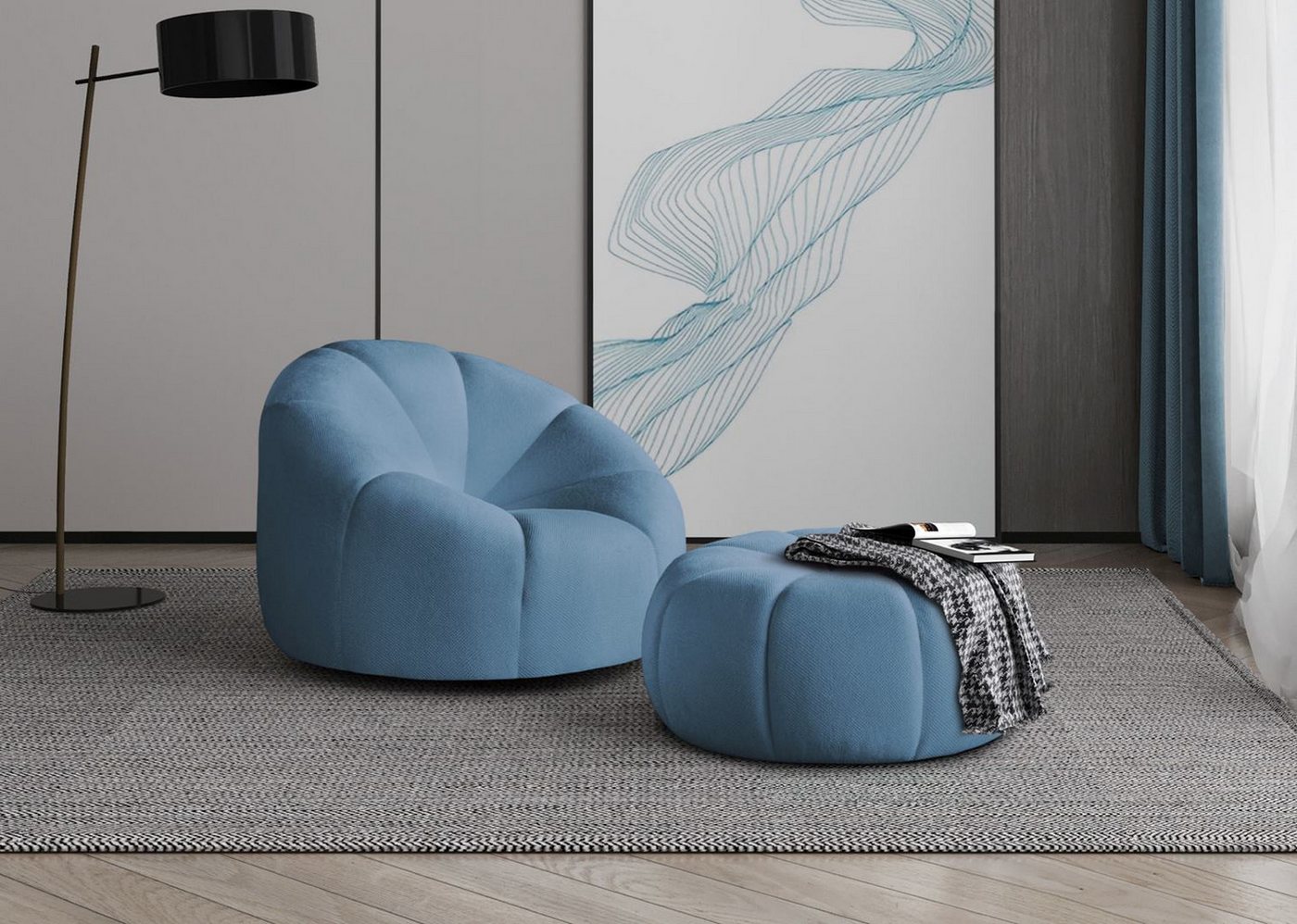 Beautysofa Loungeset Moderner stilvoller Drehstuhl + Schemel Loft, (Stoff:Bubble), B:100/H:70/T:70cm von Beautysofa