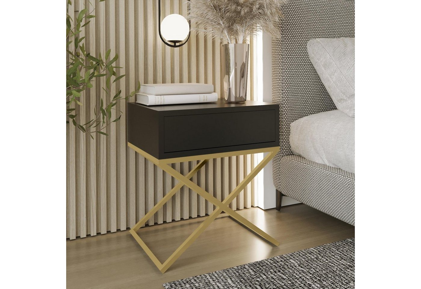 Beautysofa Nachttisch Max (inkl. Schublade, x-förmigen Metallgestell, 45 x 50 x 35 cm (B x H x T), kleine Tisch im modernes Deisgn für Schlafzimmer von Beautysofa