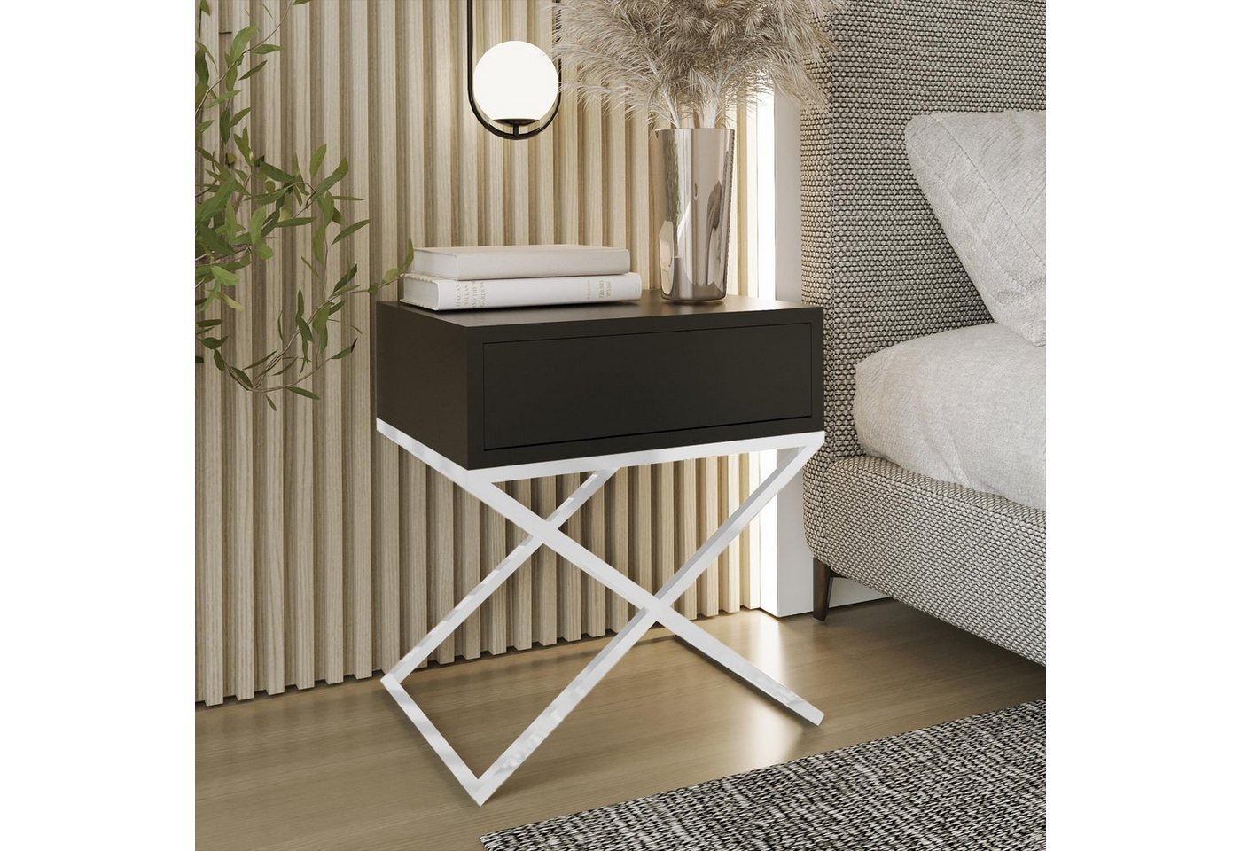 Beautysofa Nachttisch Max (inkl. Schublade, x-förmigen Metallgestell, 45 x 50 x 35 cm (B x H x T), kleine Tisch im modernes Deisgn für Schlafzimmer von Beautysofa