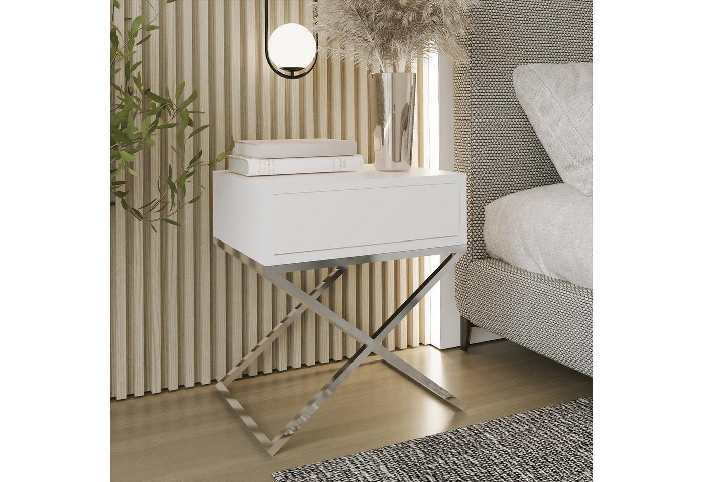 Beautysofa Nachttisch Max (inkl. Schublade, x-förmigen Metallgestell, 45 x 50 x 35 cm (B x H x T), kleine Tisch im modernes Deisgn für Schlafzimmer von Beautysofa