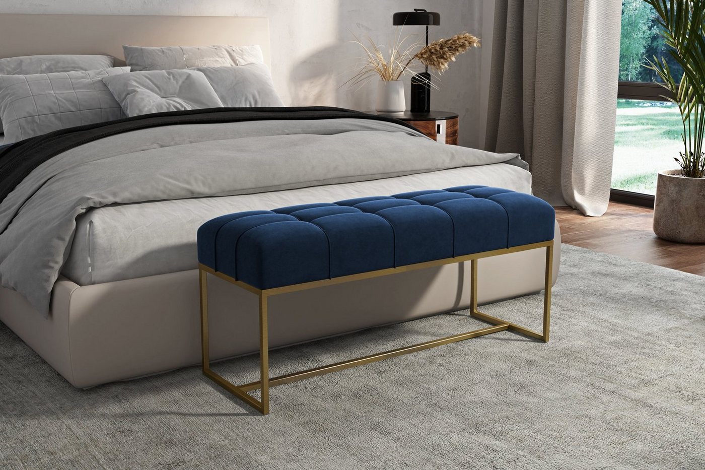 Beautysofa Polsterbank Bank Polsterbank Sitzbänk Royal aus Velours mit Knöpfen (modernes Bank aus velurstoff, Breite 80 / 90 / 100 / 110 /120 cm), mit Metallgestell in Goldenfarbig / Chrom / Weiß / Schwarz von Beautysofa