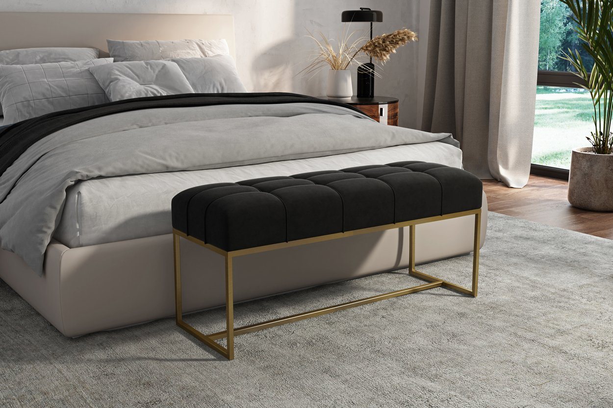 Beautysofa Polsterbank Bank Polsterbank Sitzbänk Royal aus Velours mit Knöpfen (modernes Bank aus velurstoff, Breite 80 / 90 / 100 / 110 /120 cm), mit Metallgestell in Goldenfarbig / Chrom / Weiß / Schwarz von Beautysofa