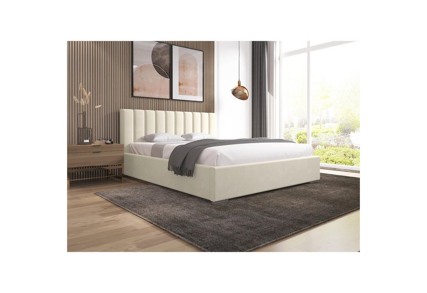 Beautysofa Polsterbett Adeline (stilvoll Bett mit Velvet-Bezug, Beige Polsterbett 120 x 200 cm), mit Bettkasten, mit Holzgestell von Beautysofa