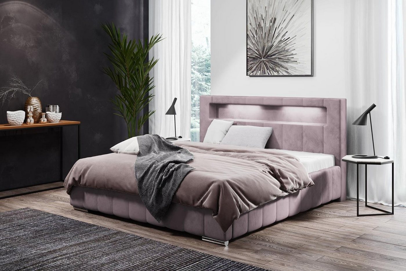 Beautysofa Polsterbett Sechs (gepolsterte Kopfstütze, Chrombeine, Gelb / Schwarz / Blau / Grün / Grau / Rosa, 140 / 160 / 180 cm), mit Bettkasten, Doppelbett mit LED Beleuchtung von Beautysofa