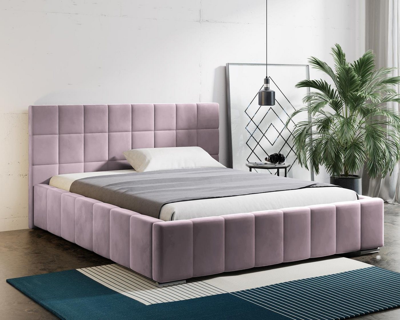 Beautysofa Polsterbett Tres (gepolsterte Kopfstütze, Gelb / Schwarz / Blau / Grün / Grau / Rosa, mit Bettkasten, mit metall verchromte Beine), Bett für Schlafzimmer, Metallrahmen mit Lattenrost von Beautysofa