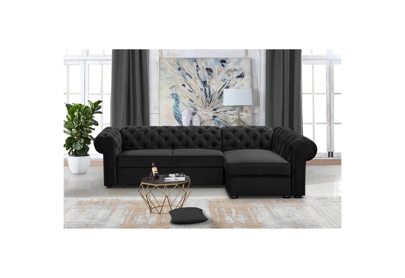 Beautysofa Polsterecke Chester, L-Form Ecksofa aus Velour, Ottomane rechts oder links montierbar, mit Relaxfunktion, mit 2x Bettkästen von Beautysofa