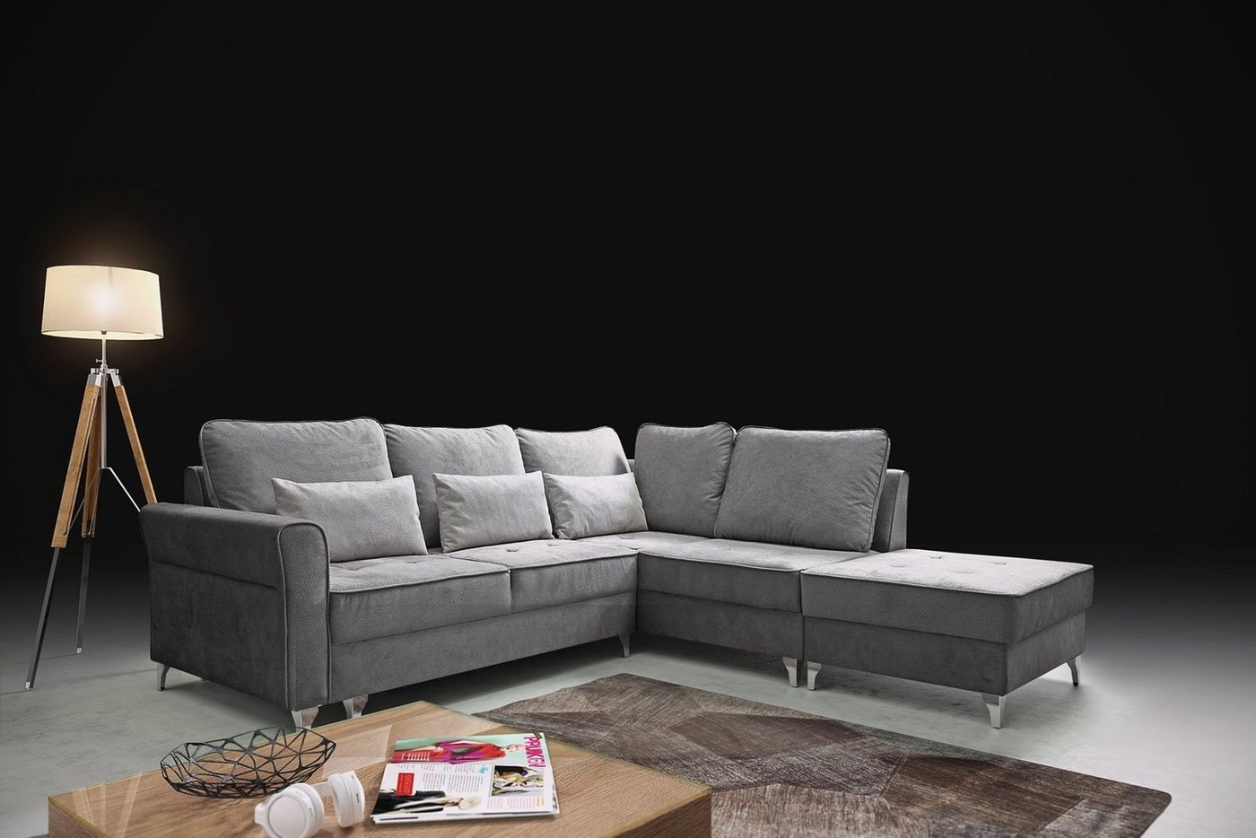 Beautysofa Polsterecke Hilton L, Ottomane links oder rechts, mit Metallbeine, Velour Polsterecke, Eckcouch mit Schlaffunktion und Hocker von Beautysofa