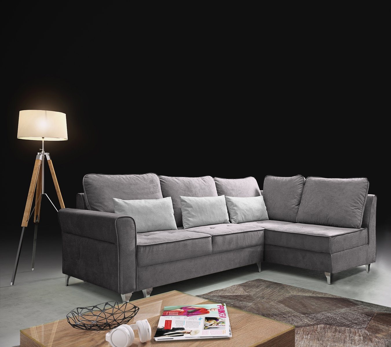 Beautysofa Polsterecke Hilton L, Ottomane links oder rechts, mit Metallbeine, Velour Polsterecke, Eckcouch mit Schlaffunktion und Hocker von Beautysofa