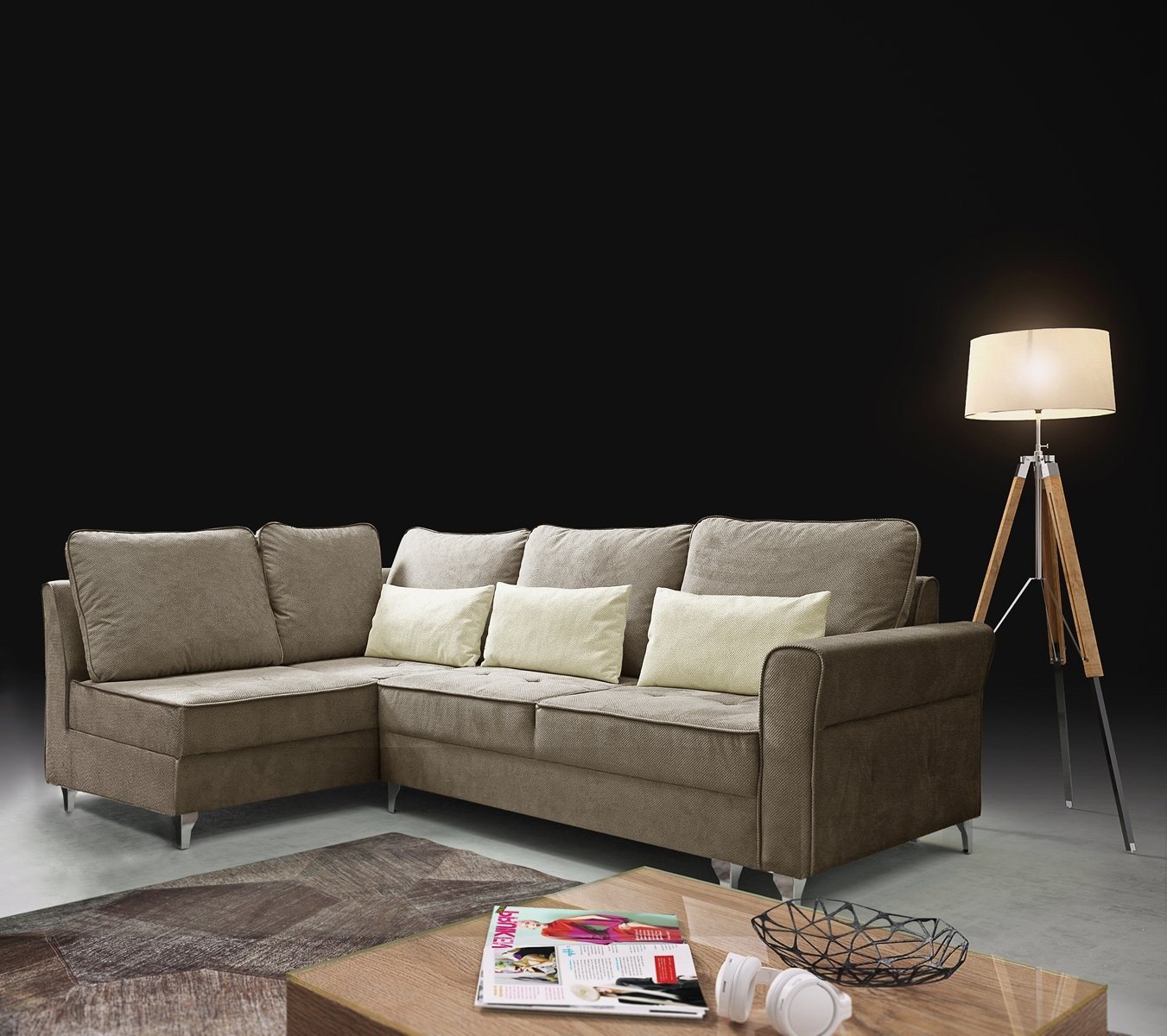 Beautysofa Polsterecke Hilton L, Ottomane links oder rechts, mit Metallbeine, Velour Polsterecke, Eckcouch mit Schlaffunktion und Hocker von Beautysofa