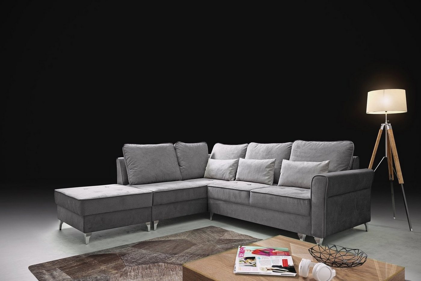 Beautysofa Polsterecke Hilton L, Ottomane links oder rechts, mit Metallbeine, Velour Polsterecke, Eckcouch mit Schlaffunktion und Hocker von Beautysofa