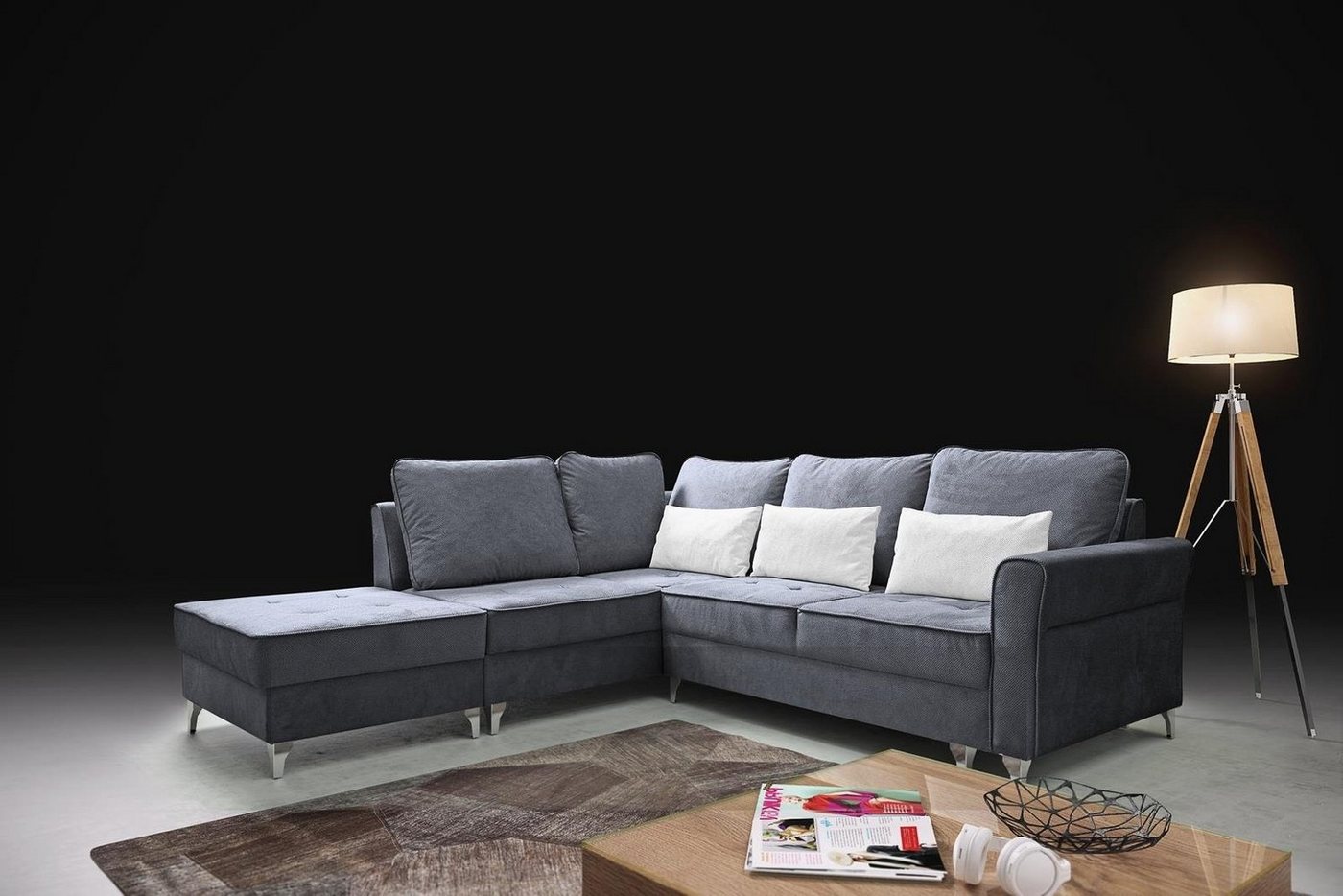 Beautysofa Polsterecke Hilton L, Ottomane links oder rechts, mit Metallbeine, Velour Polsterecke, Eckcouch mit Schlaffunktion und Hocker von Beautysofa