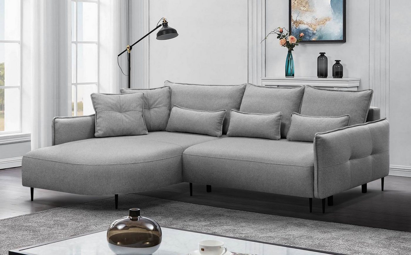 Beautysofa Polsterecke Salerno, mit Schlaffunktion 250x140 cm, mit Bettkasten, abgerundete Ottomane, modernes Design,mit lose Kissen, für Wohnzimmer, links oder rechts von Beautysofa