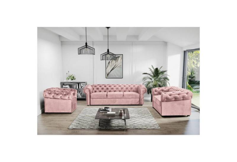 Beautysofa Polstergarnitur Chester, (Sessel + 2-Sitzer Sofa + 3-Sitzer Sofa mit Steppung), Couchgarnitur im Chesterfield Stil inkl. Wellenunterfederung von Beautysofa