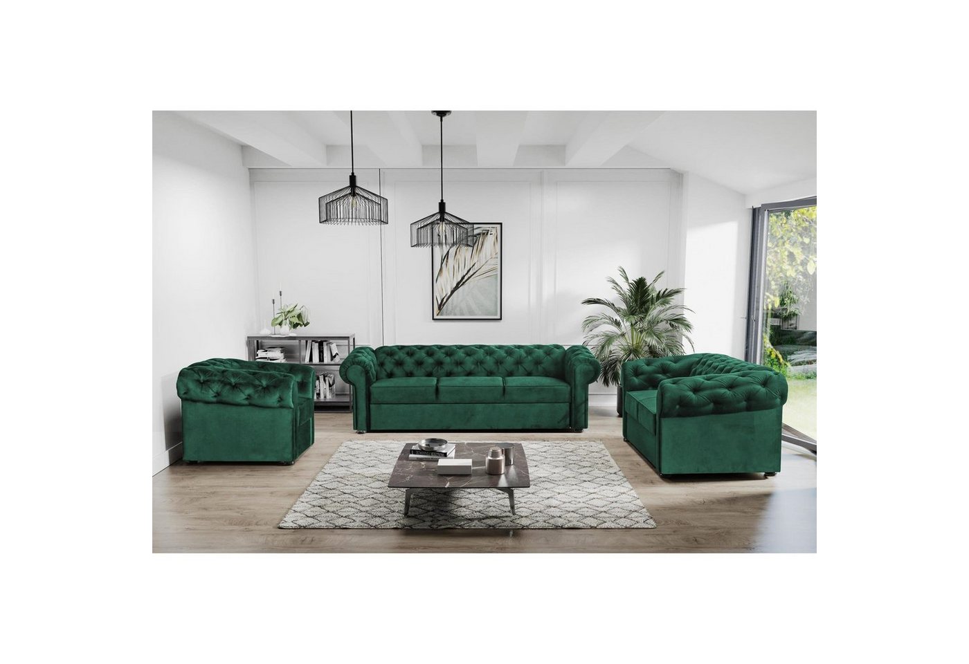 Beautysofa Polstergarnitur Chester, (Sessel + 2-Sitzer Sofa + 3-Sitzer Sofa mit Steppung), Couchgarnitur im Chesterfield Stil inkl. Wellenunterfederung von Beautysofa