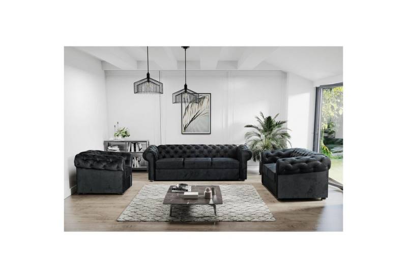 Beautysofa Polstergarnitur Chester, (Sessel + 2-Sitzer Sofa + 3-Sitzer Sofa mit Steppung), Couchgarnitur im Chesterfield Stil inkl. Wellenunterfederung von Beautysofa