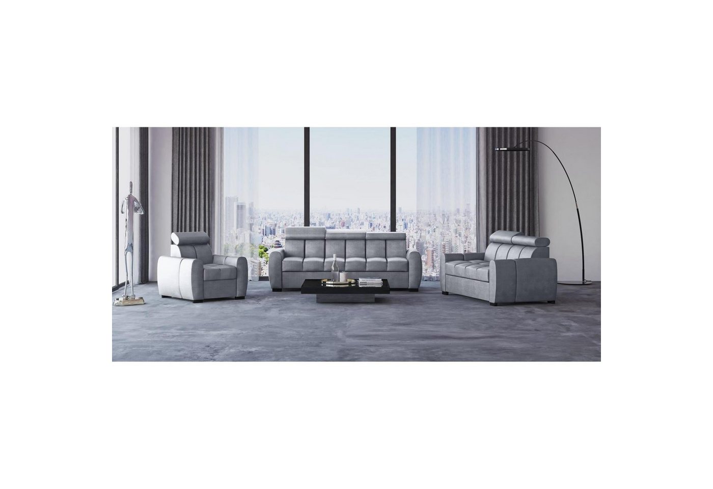 Beautysofa Polstergarnitur Gomez, (inkl. Schlaffunktion und Bettkasten, verstellbaren Kopfstützen), Designersofa 3+2+1 in Velourstoff, Rundumbezug von Beautysofa