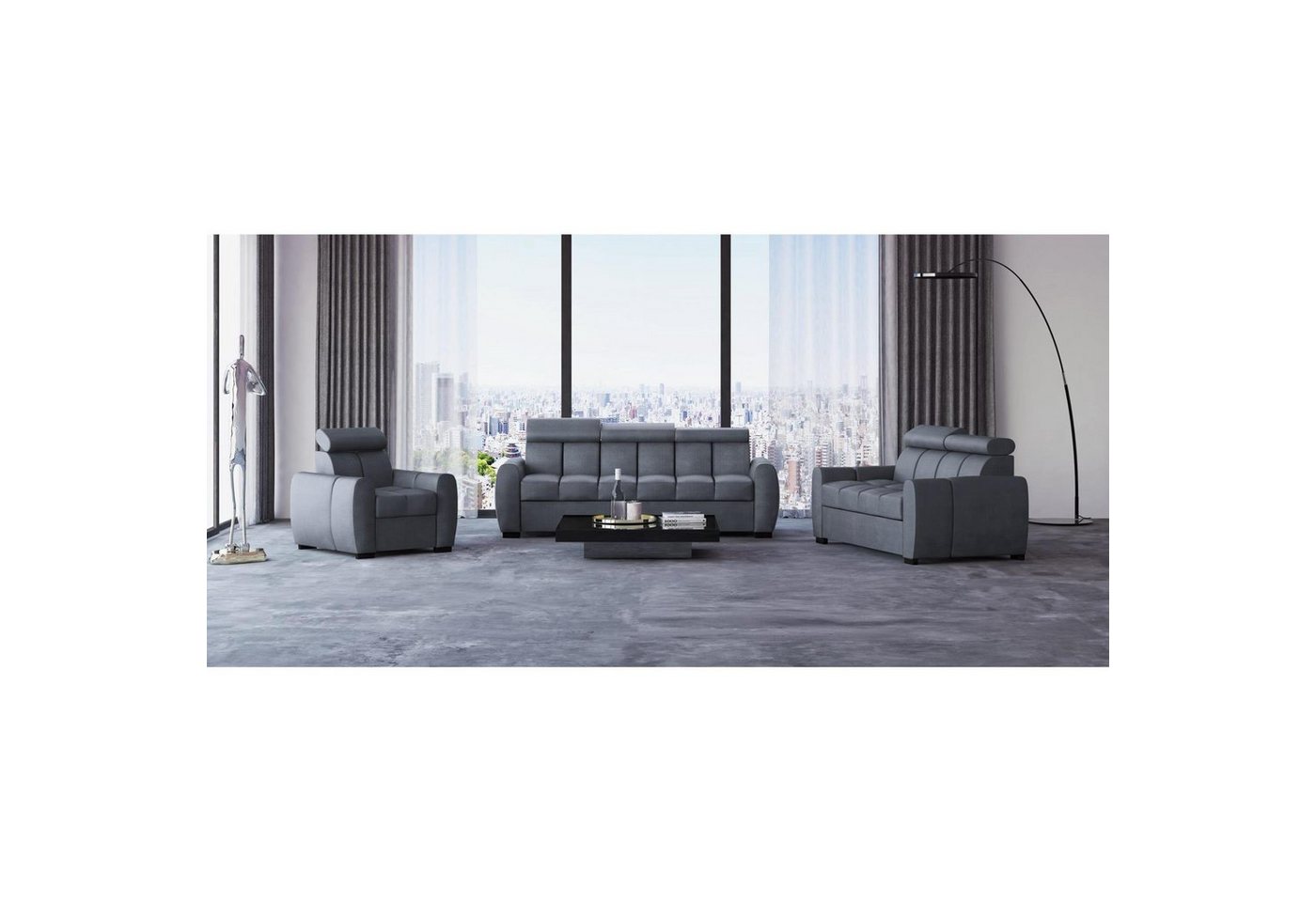 Beautysofa Polstergarnitur Gomez, (inkl. Schlaffunktion und Bettkasten, verstellbaren Kopfstützen), Designersofa 3+2+1 in Velourstoff, Rundumbezug von Beautysofa