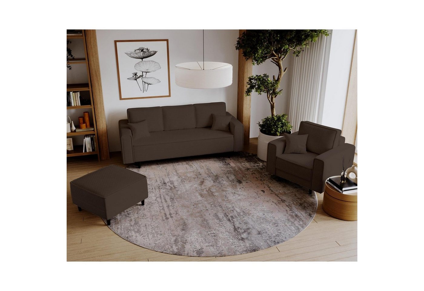 Beautysofa Polstergarnitur Monte, (Polsterset aus Cord-Bezug, Schlafsofa mit Bettkasten, Sessel und Hocker), mit Wellenunterfederung, schwarze Holzbeine von Beautysofa