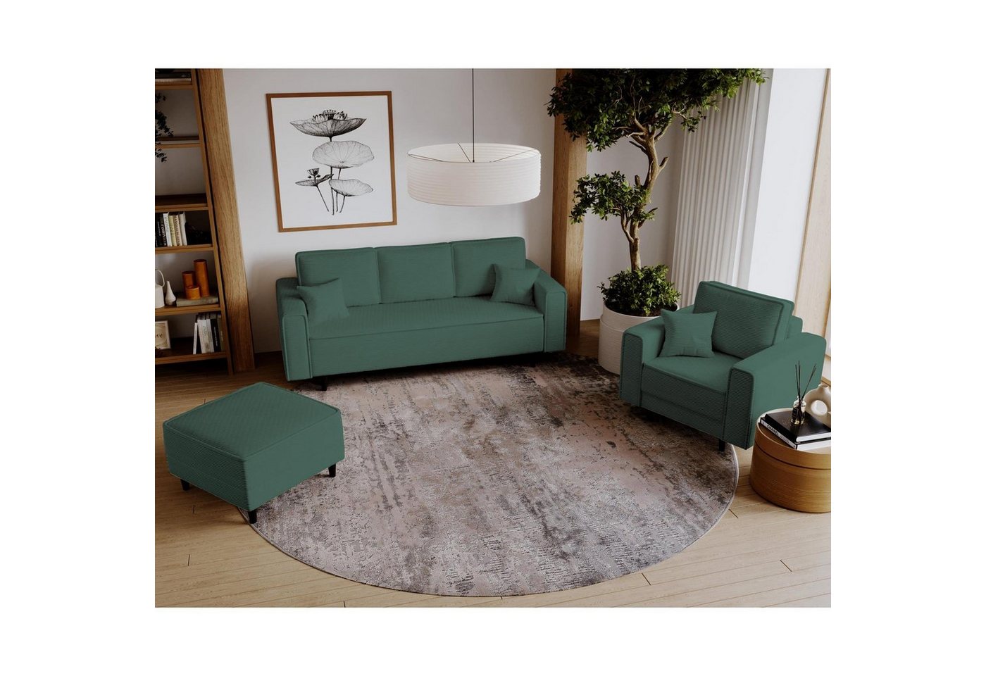 Beautysofa Polstergarnitur Monte, (Polsterset aus Cord-Bezug, Schlafsofa mit Bettkasten, Sessel und Hocker), mit Wellenunterfederung, schwarze Holzbeine von Beautysofa