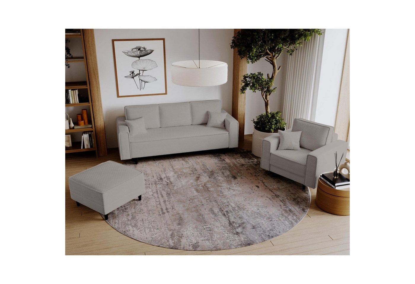 Beautysofa Polstergarnitur Monte, (Polsterset aus Cord-Bezug, Schlafsofa mit Bettkasten, Sessel und Hocker), mit Wellenunterfederung, schwarze Holzbeine von Beautysofa