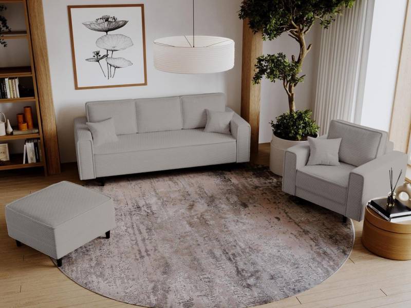 Beautysofa Polstergarnitur Monte, (Polsterset aus Cord-Bezug, Schlafsofa mit Bettkasten, Sessel und Hocker), mit Wellenunterfederung, schwarze Holzbeine von Beautysofa