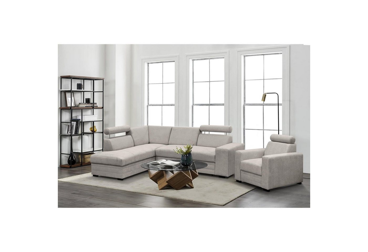 Beautysofa Polstergarnitur Roma, (modernes Set Eckgarnitur mit Sessel, Schlaffunktion, Bettkasten, verstellbare Kopfstützen), gepolstertes Ecksofa mit Sessel aus Bonnell-Federn für Wohnzimmer von Beautysofa