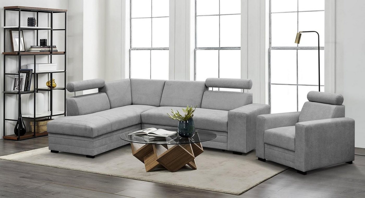 Beautysofa Polstergarnitur Roma, (modernes Set Eckgarnitur mit Sessel, Schlaffunktion, Bettkasten, verstellbare Kopfstützen), gepolstertes Ecksofa mit Sessel aus Bonnell-Federn für Wohnzimmer von Beautysofa