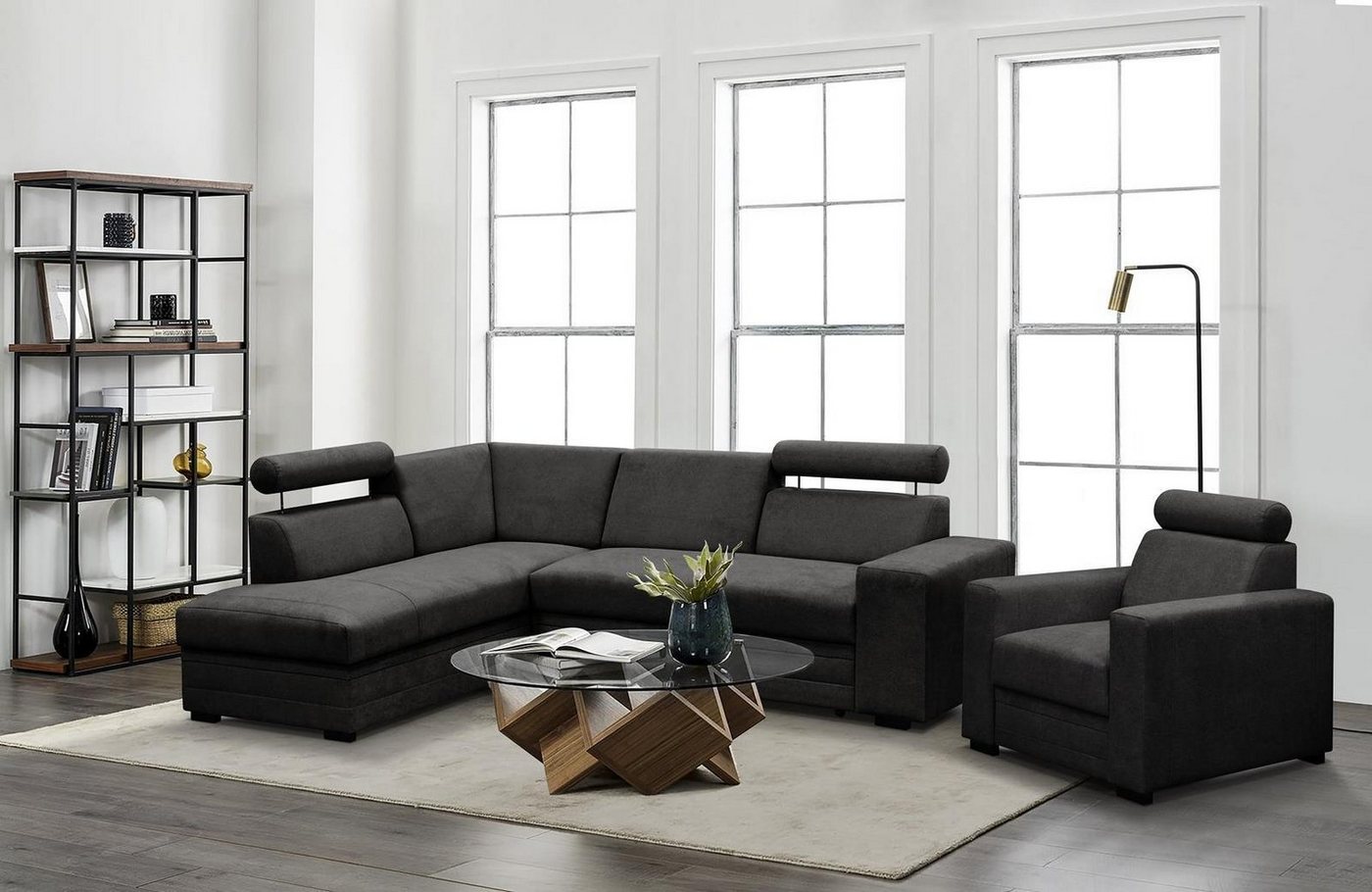 Beautysofa Polstergarnitur Roma, (modernes Set Eckgarnitur mit Sessel, Schlaffunktion, Bettkasten, verstellbare Kopfstützen), gepolstertes Ecksofa mit Sessel aus Bonnell-Federn für Wohnzimmer von Beautysofa