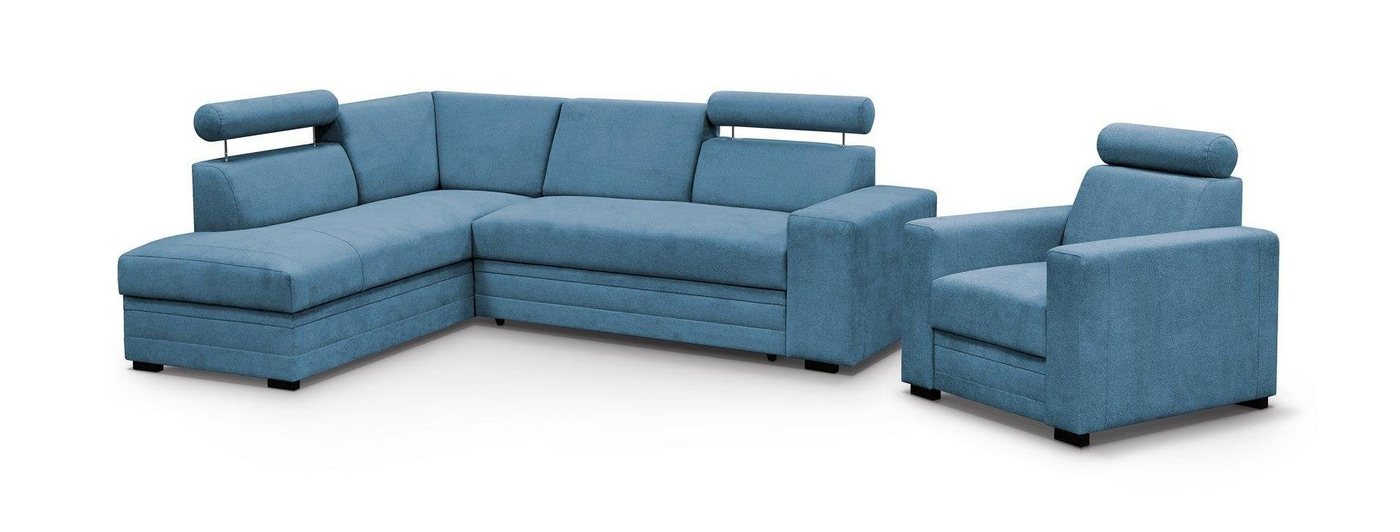 Beautysofa Polstergarnitur Roma, (modernes Set Eckgarnitur mit Sessel, Schlaffunktion, Bettkasten, verstellbare Kopfstützen), gepolstertes Ecksofa mit Sessel aus Bonnell-Federn für Wohnzimmer von Beautysofa