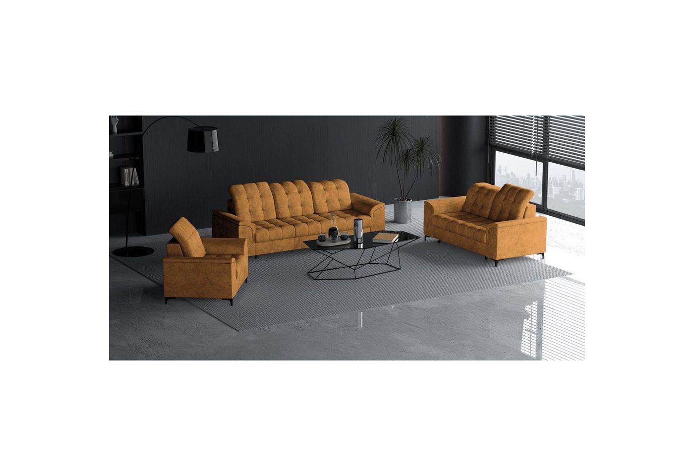 Beautysofa Polstergarnitur Snap, (mit Schlaffunktion, Bettkasten, verstellbare Kopfstützen, 3-Sitzer + 2-Sitzer + Sessel), stilvoll Polsterset mit schwarze Metallbeine aus Velvetstoff von Beautysofa