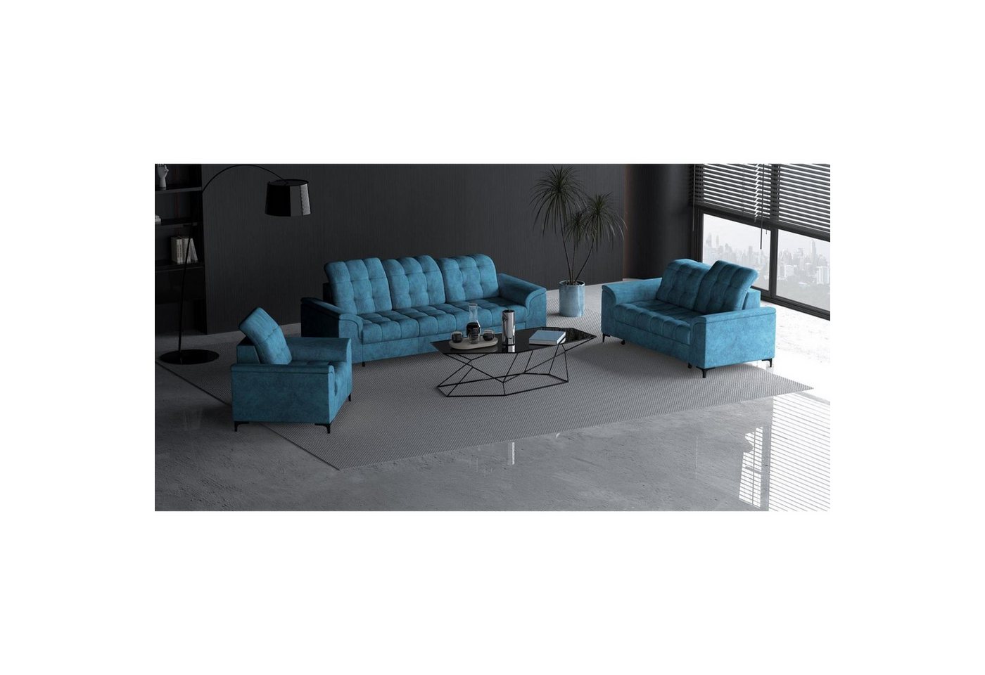 Beautysofa Polstergarnitur Snap, (mit Schlaffunktion, Bettkasten, verstellbare Kopfstützen, 3-Sitzer + 2-Sitzer + Sessel), stilvoll Polsterset mit schwarze Metallbeine aus Velvetstoff von Beautysofa