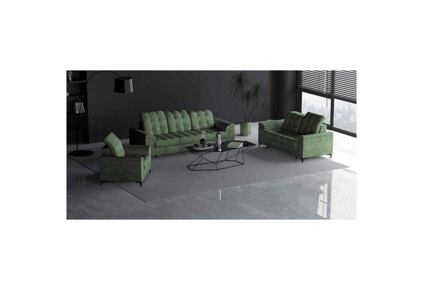 Beautysofa Polstergarnitur Snap, (mit Schlaffunktion, Bettkasten, verstellbare Kopfstützen, 3-Sitzer + 2-Sitzer + Sessel), stilvoll Polsterset mit schwarze Metallbeine aus Velvetstoff von Beautysofa