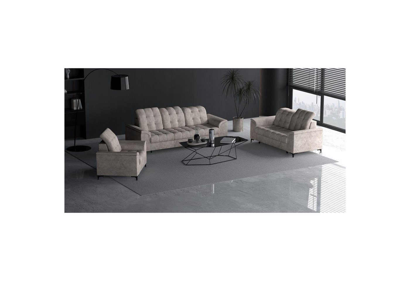 Beautysofa Polstergarnitur Snap, (mit Schlaffunktion, Bettkasten, verstellbare Kopfstützen, 3-Sitzer + 2-Sitzer + Sessel), stilvoll Polsterset mit schwarze Metallbeine aus Velvetstoff von Beautysofa