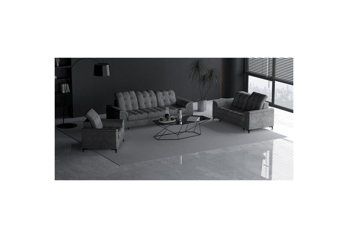 Beautysofa Polstergarnitur Snap, (mit Schlaffunktion, Bettkasten, verstellbare Kopfstützen, 3-Sitzer + 2-Sitzer + Sessel), stilvoll Polsterset mit schwarze Metallbeine aus Velvetstoff von Beautysofa