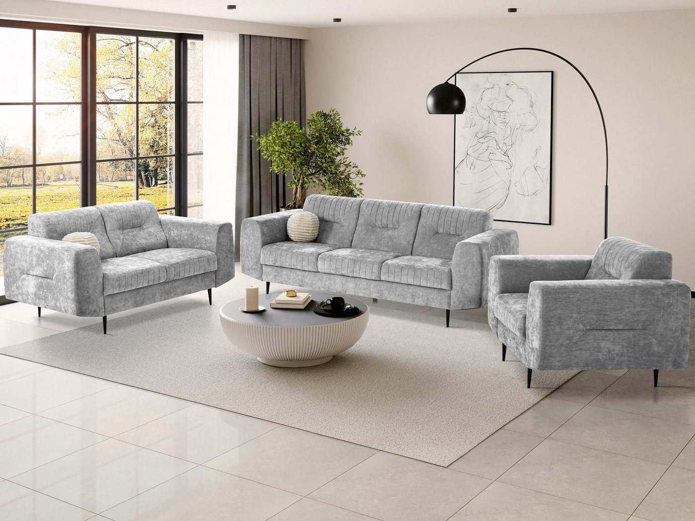 Beautysofa Polstergarnitur im modernen Stil auf hohen Metallbeinen VENEZIA, (Sessel + 2-Sitzer Sofa + 3-Sitzer Sofa im modernes Design), mit Metallbeine, Couchgarnituren aus Velours von Beautysofa