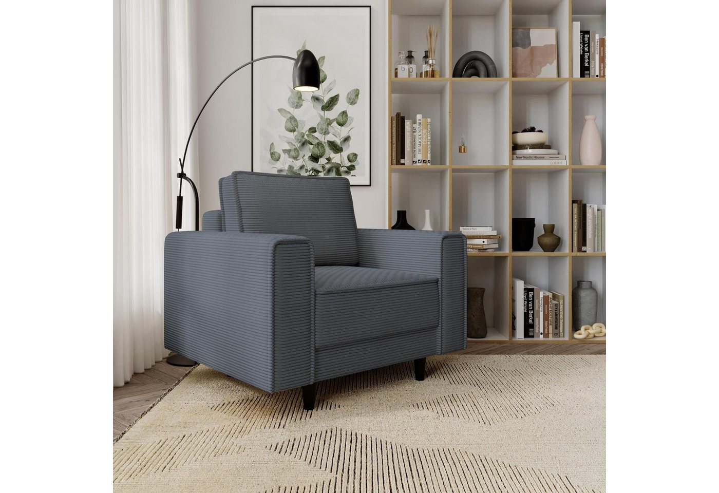 Beautysofa Relaxsessel Monte (Grau Sessel aus Cordstoff, 105x93 cm Polstersessel mit Holzbeine), Wellenunterfederung von Beautysofa