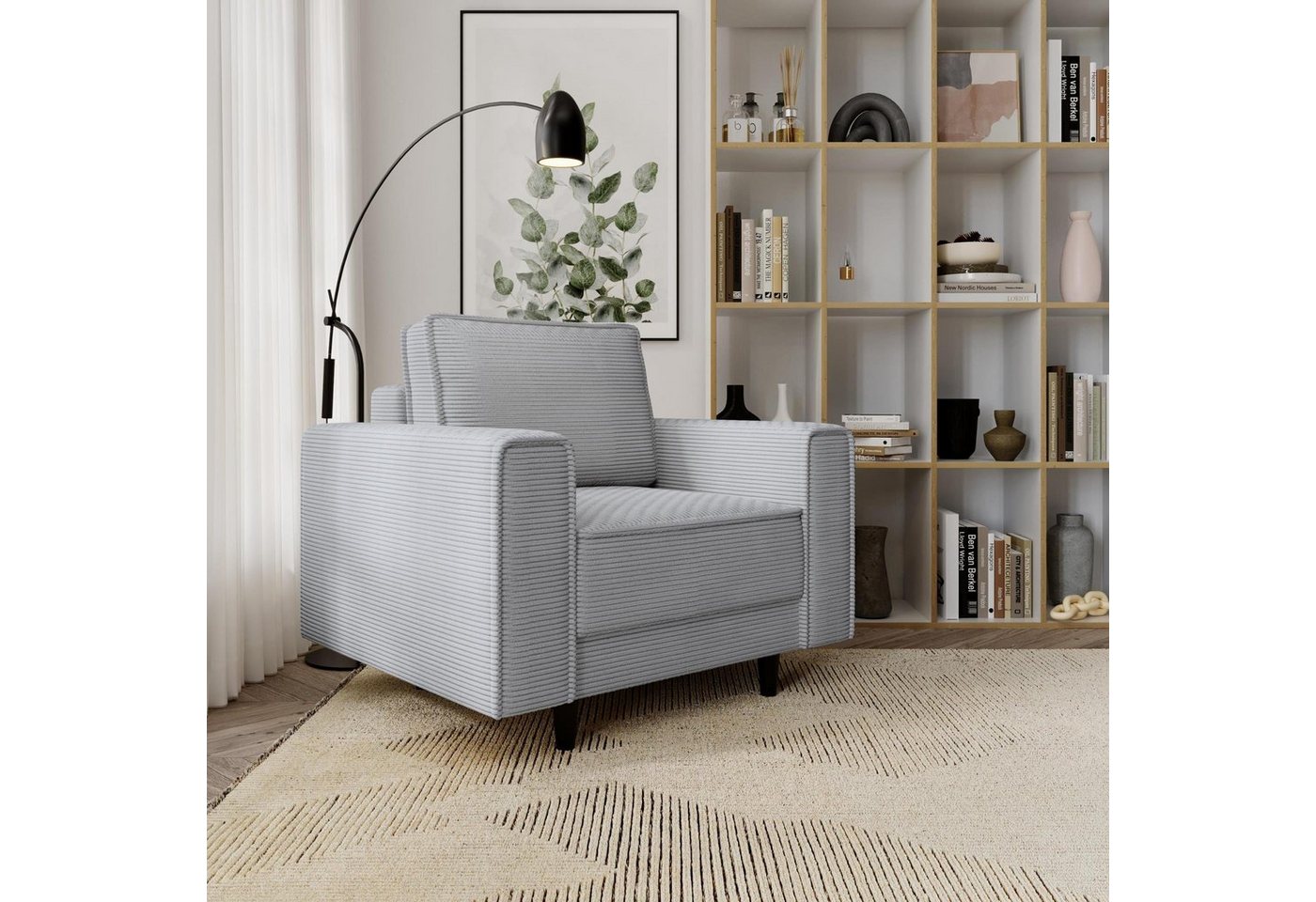 Beautysofa Relaxsessel Monte (Hellgrau Sessel aus Cordstoff, 105x93 cm Polstersessel mit Holzbeine), Wellenunterfederung von Beautysofa