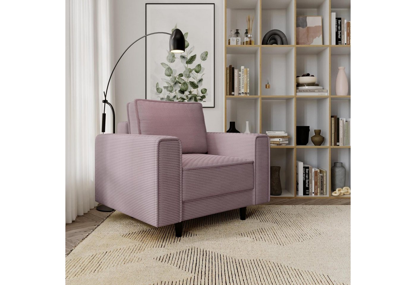 Beautysofa Relaxsessel Monte (Rosa Sessel aus Cordstoff, 105x93 cm Polstersessel mit Holzbeine), Wellenunterfederung von Beautysofa