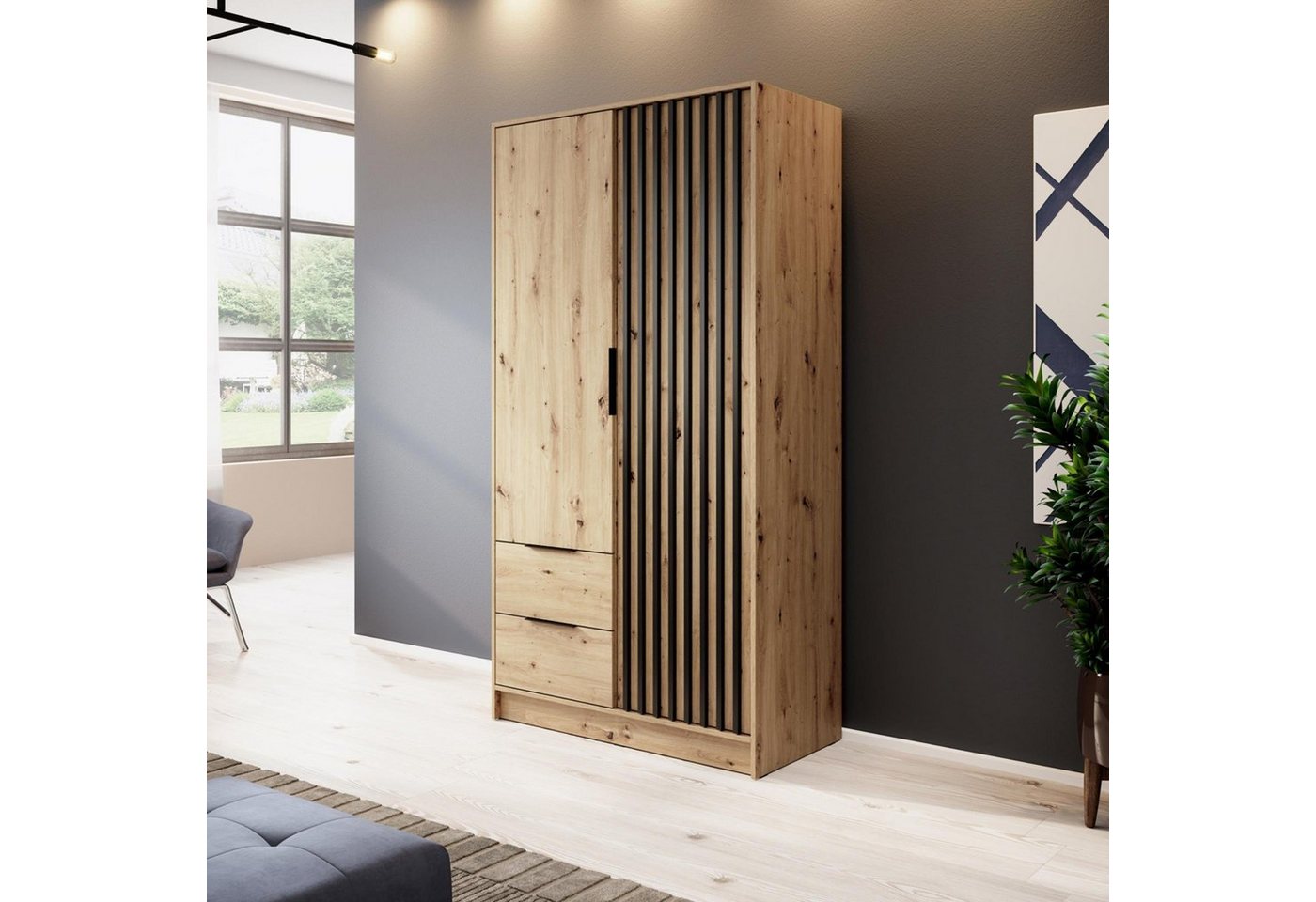 Beautysofa Schiebetürenschrank Kelly (Schrank mit Lamellen, Garderobe mit Schubladen, 100, 150, 200 cm) Spiegel, Flügeltüren, artisan grau und graphit von Beautysofa