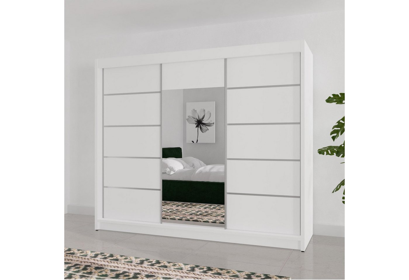 Beautysofa Schiebetürenschrank Monika (3-türig Schrank mit Spiegel, 200 cm breit) dekorative Sprossen an den Türfronten, inkl. 4 Schubladen von Beautysofa