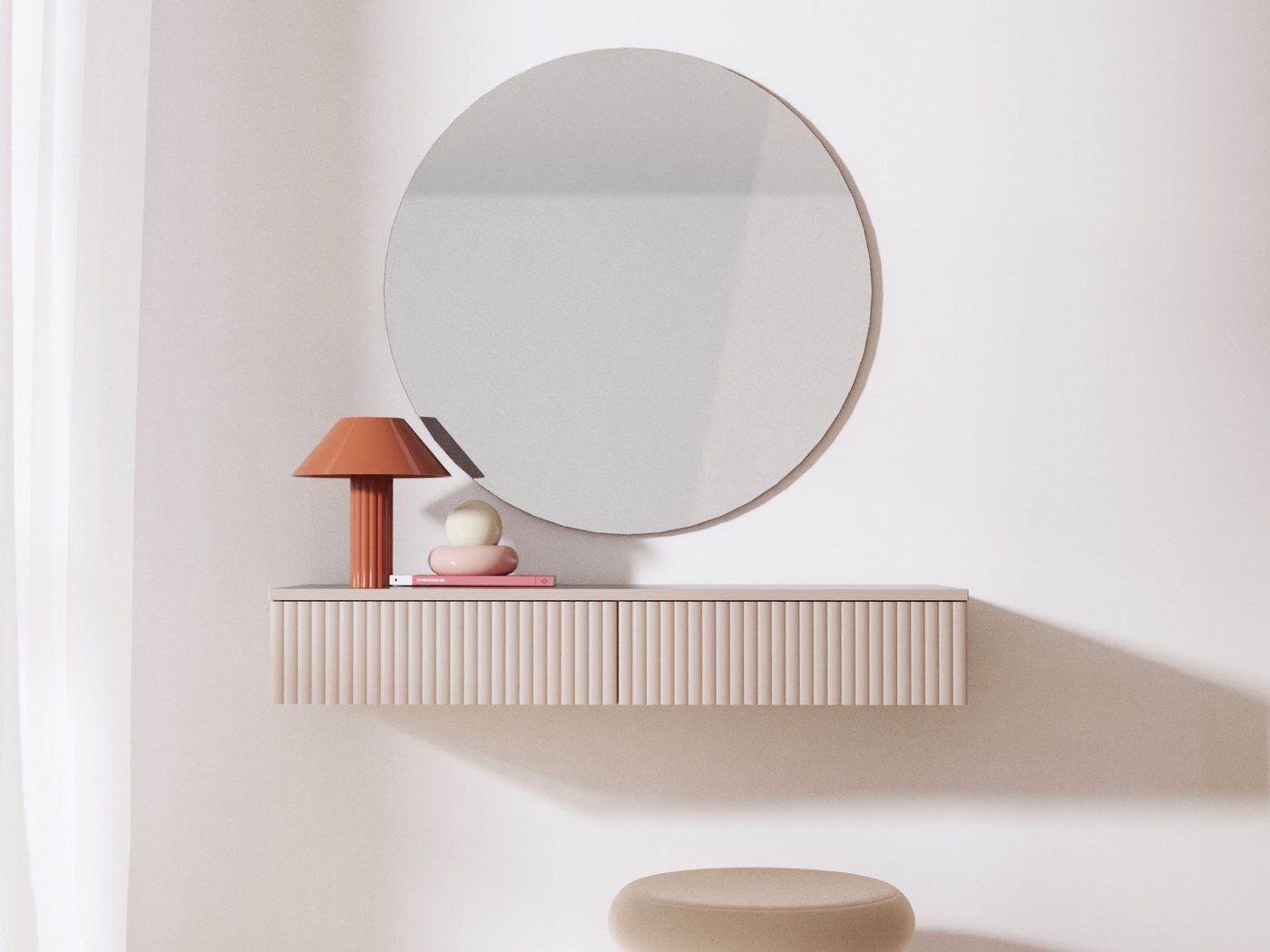 Beautysofa Schminktisch Soft Hängend, Rillenfronten & Push-to-Open-System (mit zwei Schubladen, In der trendigen Farbe Kaschmir), Breite: 100 cm von Beautysofa