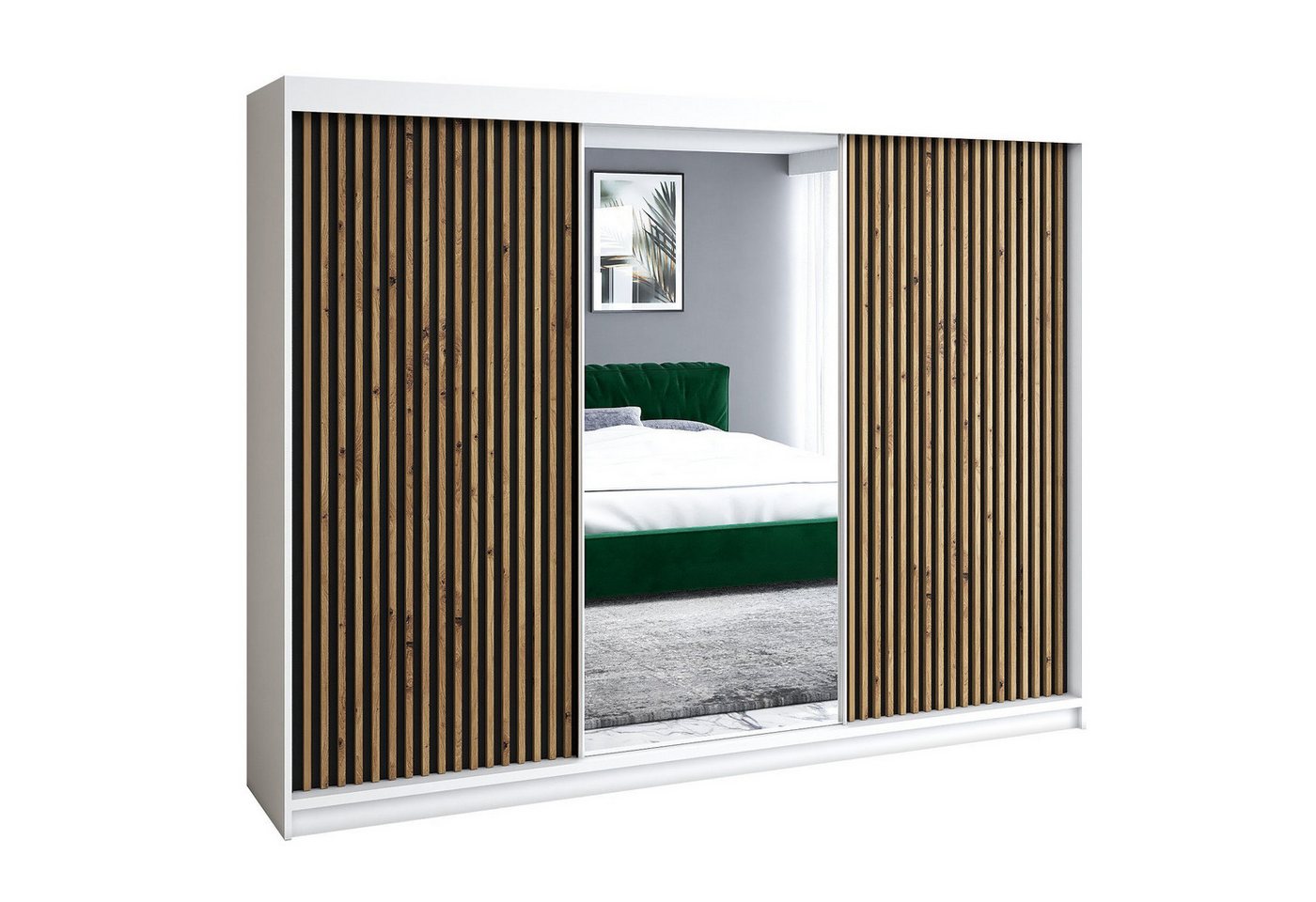 Beautysofa Schwebetürenschrank NIRO (200 cm Schrank mit Schubladen, Garderoben mit Lamellen) 3x Schiebetüren von Beautysofa