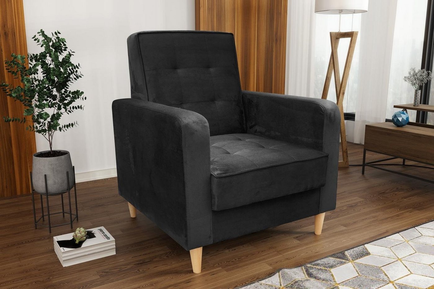 Beautysofa Sessel Bamako (Polstersessel, Cocktailsessel, Wohnzimmer), aus Veloursstoff, Loungesessel mit Holzbeine von Beautysofa